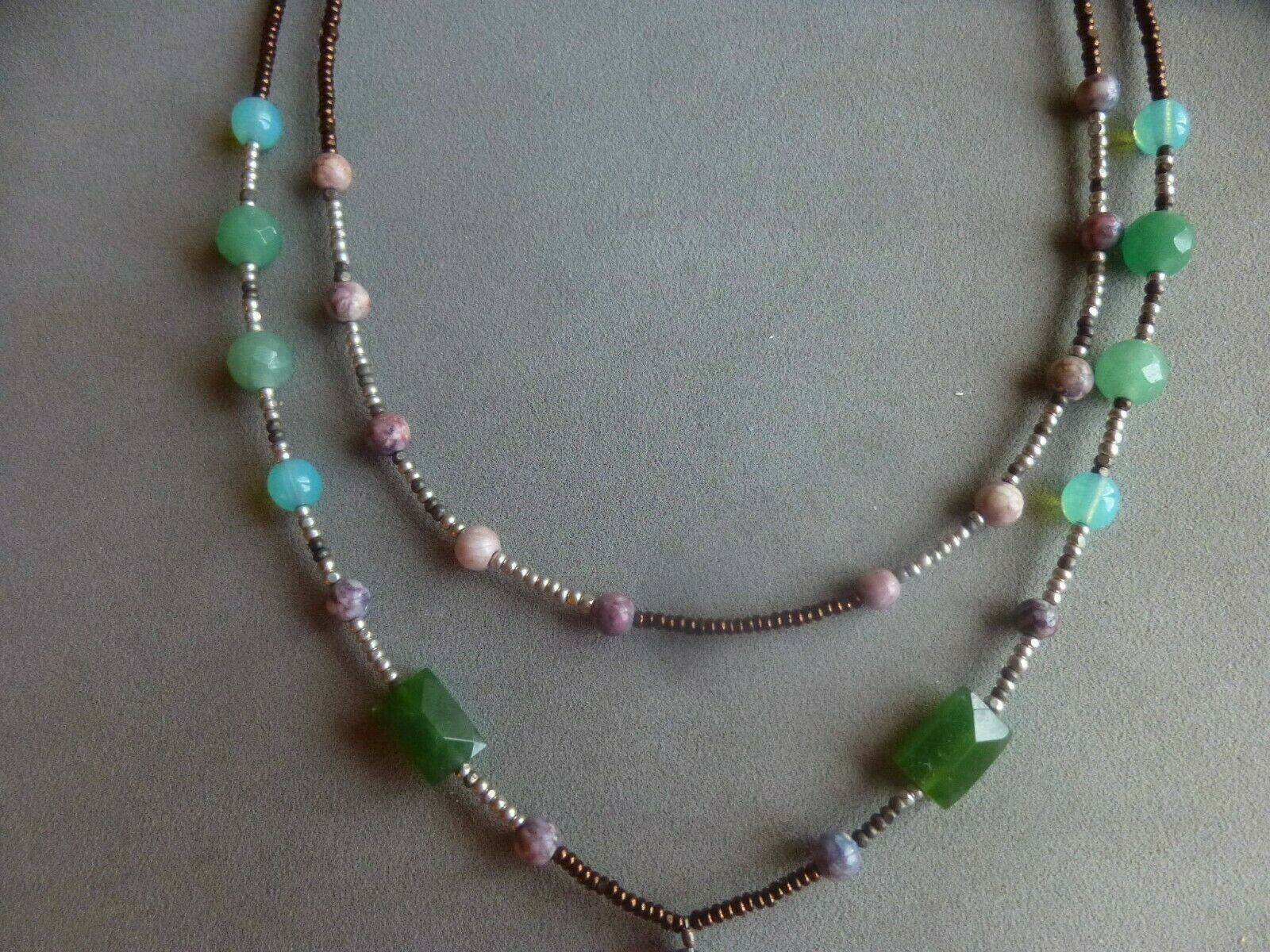 Y Necklace 22″ L Purple Green 2 Strand Gemstones Glass Beads Fancy Toggle Clasp