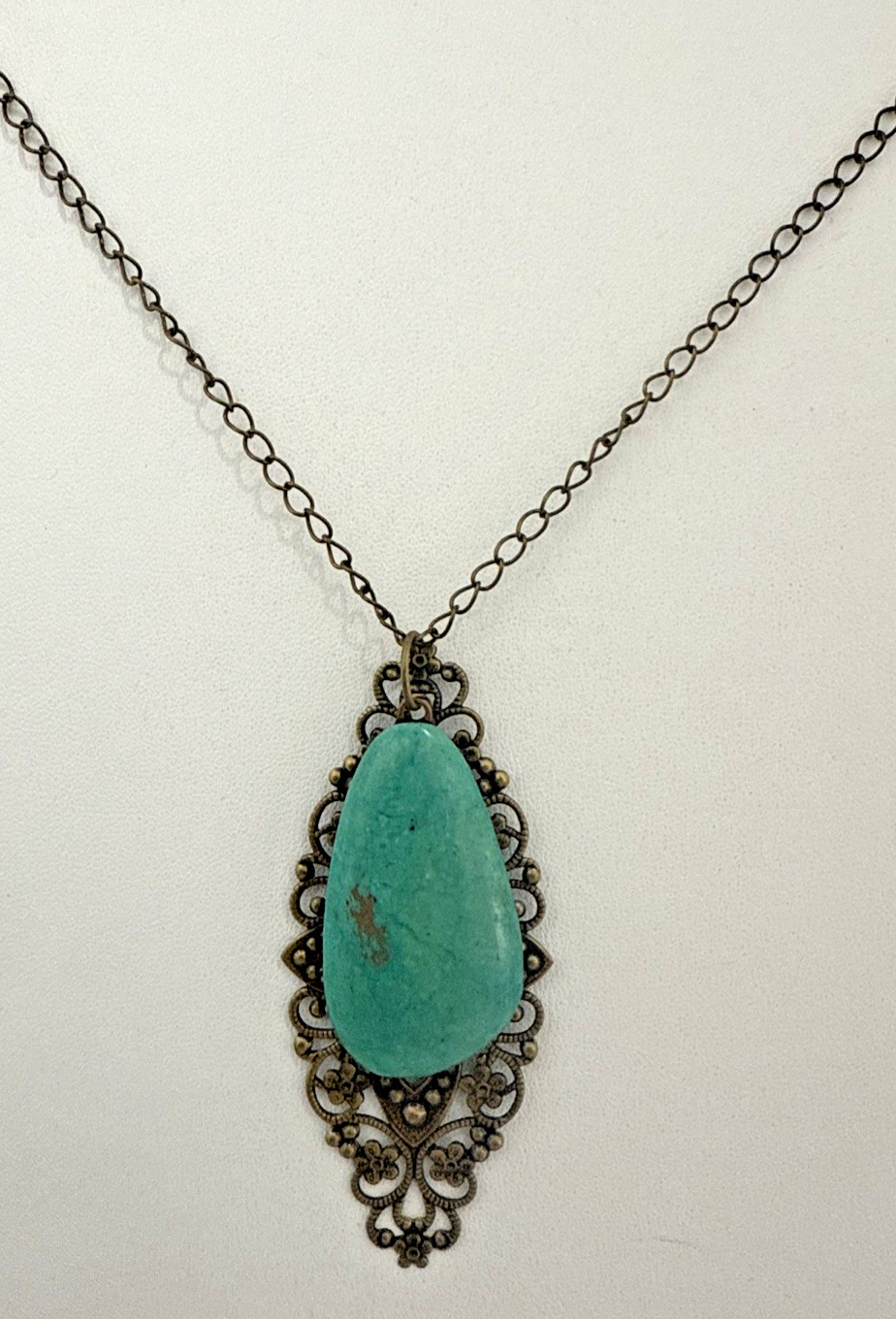 Antique Brass 1 3/8″ x 3″ Filigree Pendant with Floating Stone & 18″ Chain #4