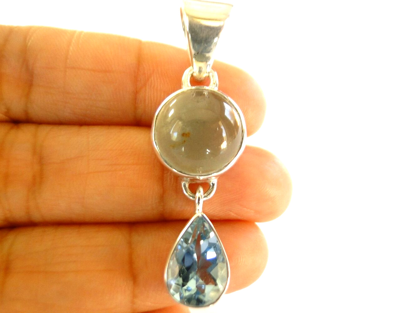 Aquamarine Blue Topaz Two Stone 925 Sterling Silver Dangle Drop Pendant