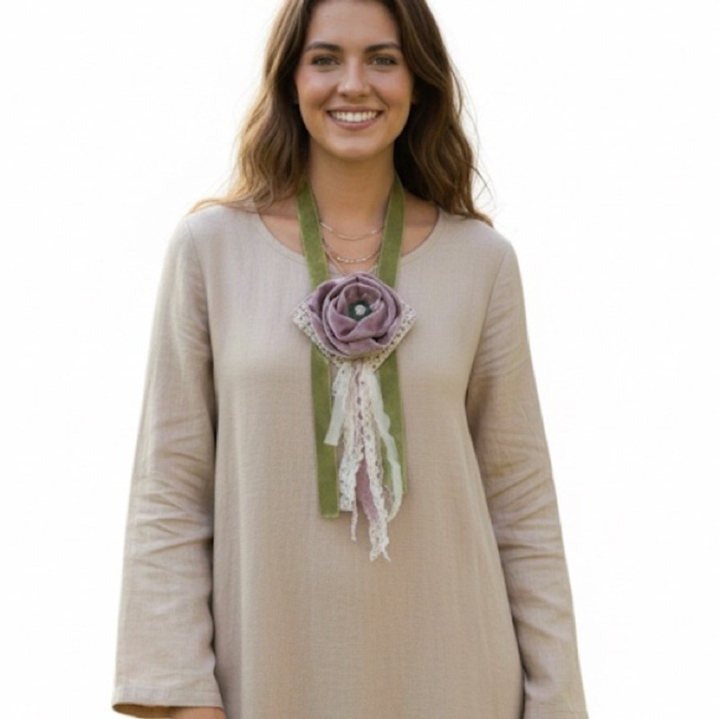 Handmade Crushed Velvet Rose Bib Necklace Sage Green Lace Romantic Cottagecore