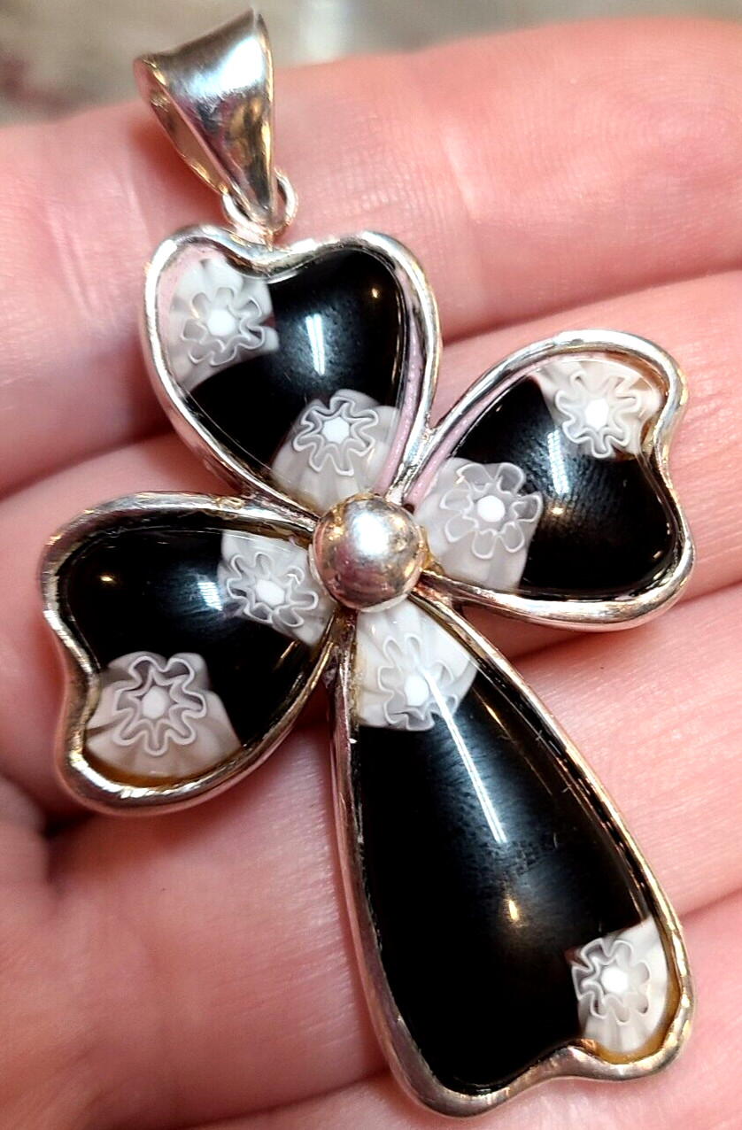 ALAN K CROSS STERLING SILVER PENDANT 925 MURANO BLACK WHITE FLORAL NEW RARE