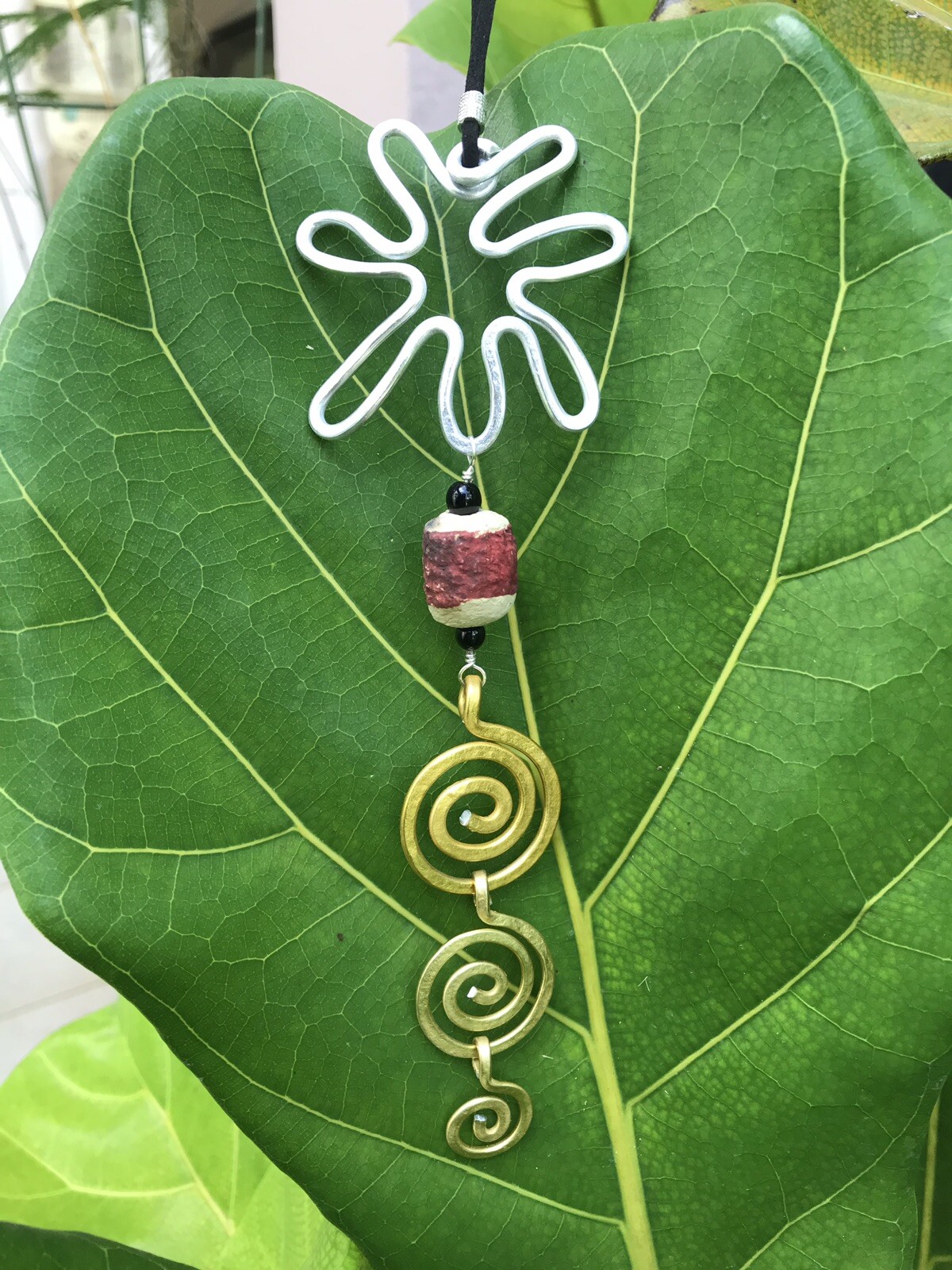 Handmade Sun & Spirals Necklace, Ceramic Bead, Hammered Metal, One of A Kind NEW