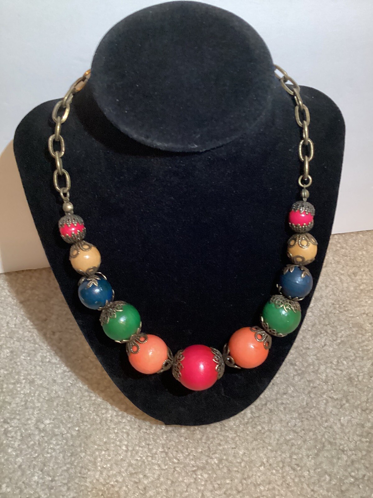 Vintage Chunky Painted Wooden Beads Necklace Red Yellow Blue Green Orange