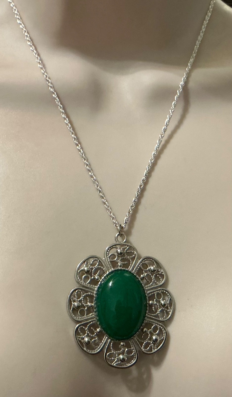 Oval Jade cabocon set in oval bezel handmade on 18” silver plated rope chain