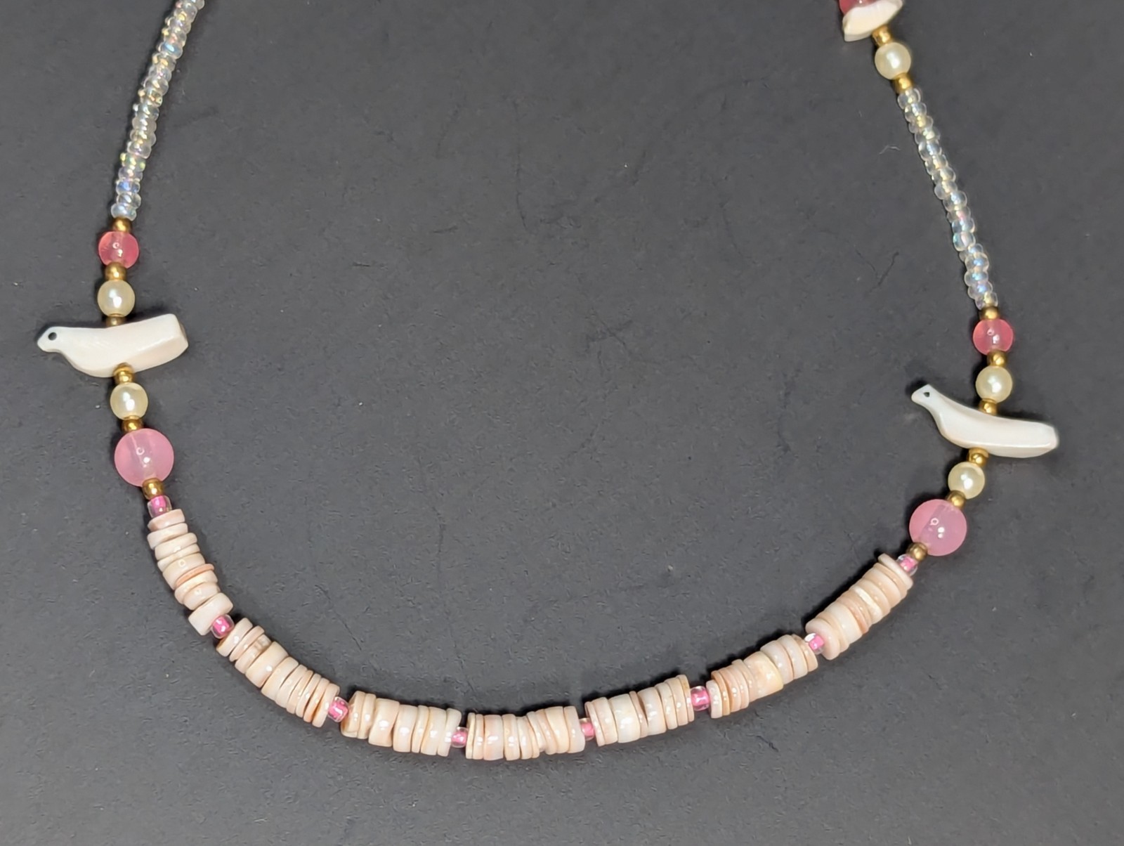 Vintage Puka Shell Choker Necklace 13.75″ Hand Carved Birds Pink