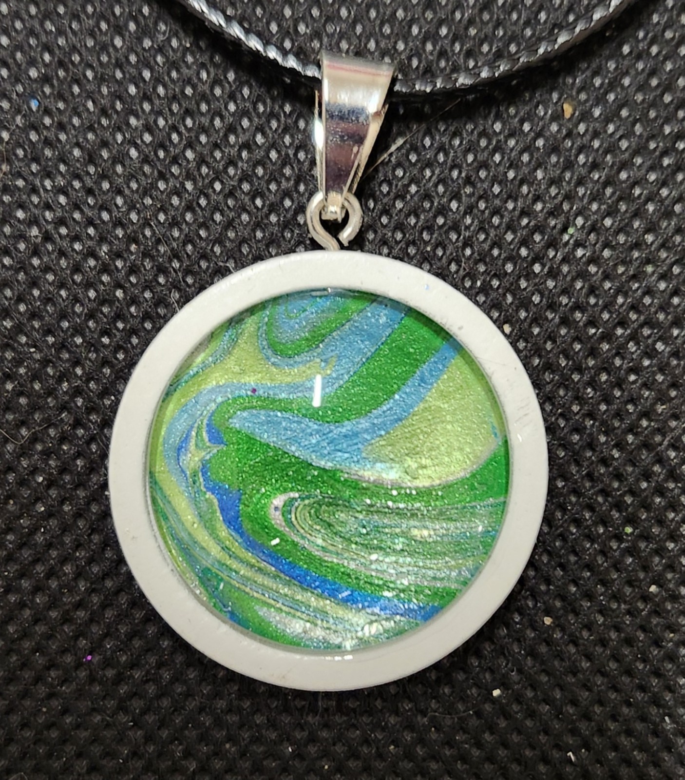 OOAK Metallic Painting Art Under Glass Pendant Necklace On Waxed Cord. Handmade.