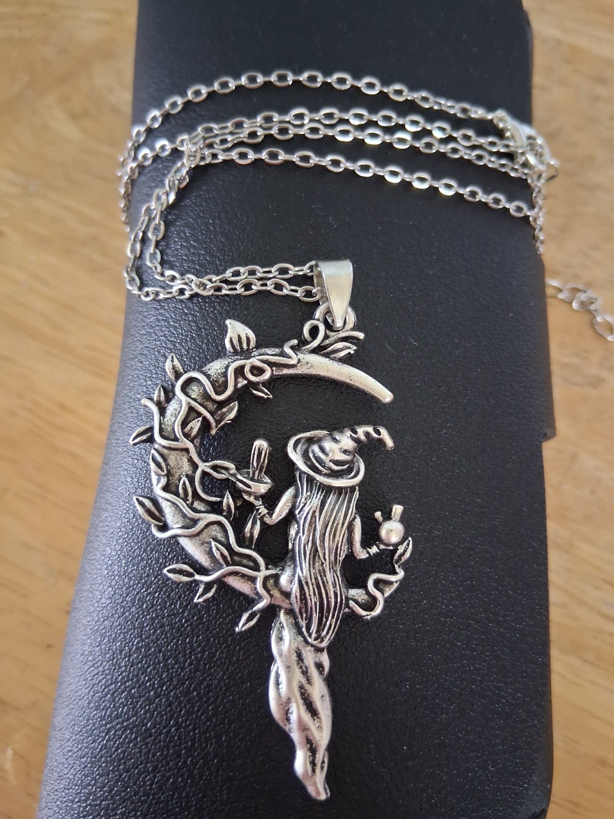 Wizard on Crescent Moon Pendant Necklace Silver Tone 20″ Long Cable Chain