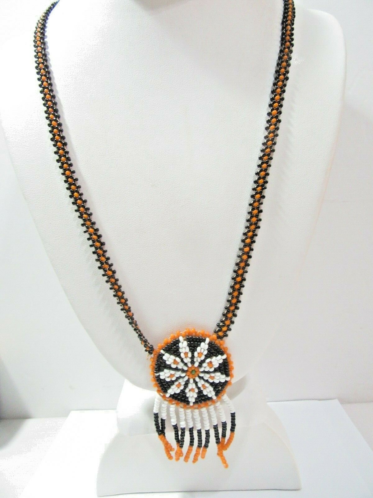 ORANGE BLACK WHITE SEED BEAD NECKLACE VINTAGE HANDCRAFTED