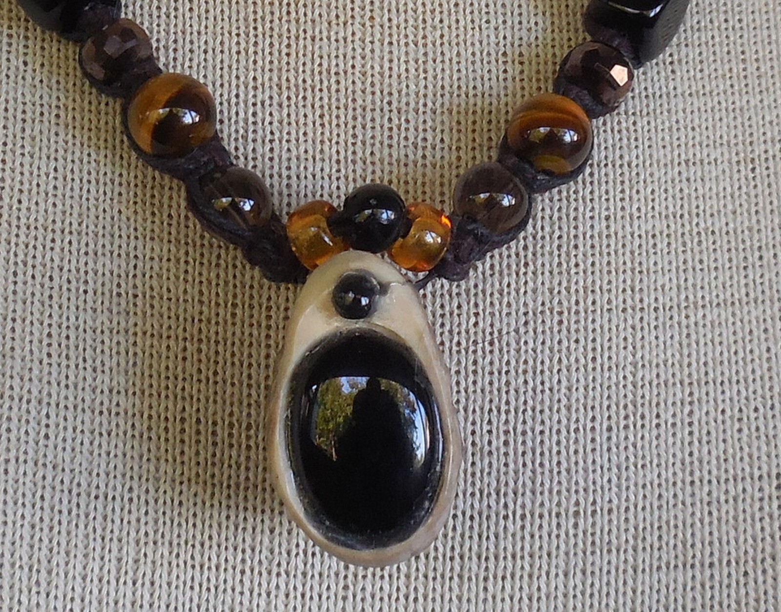 Secret Stash Onyx Antler Hemp Adjustable Necklace Tigers Eye Smoky Quartz Beads