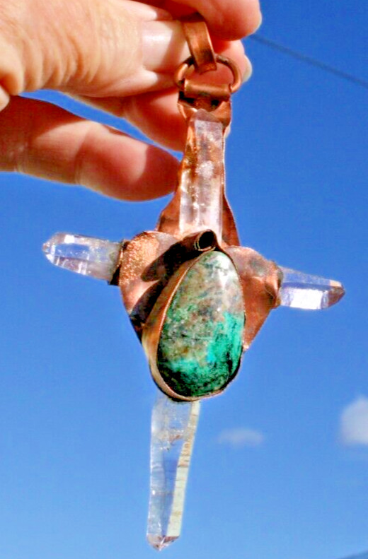 Quartz & Chrysocolla Crucifix Heart Copper Pendant: The Rosario Collection!