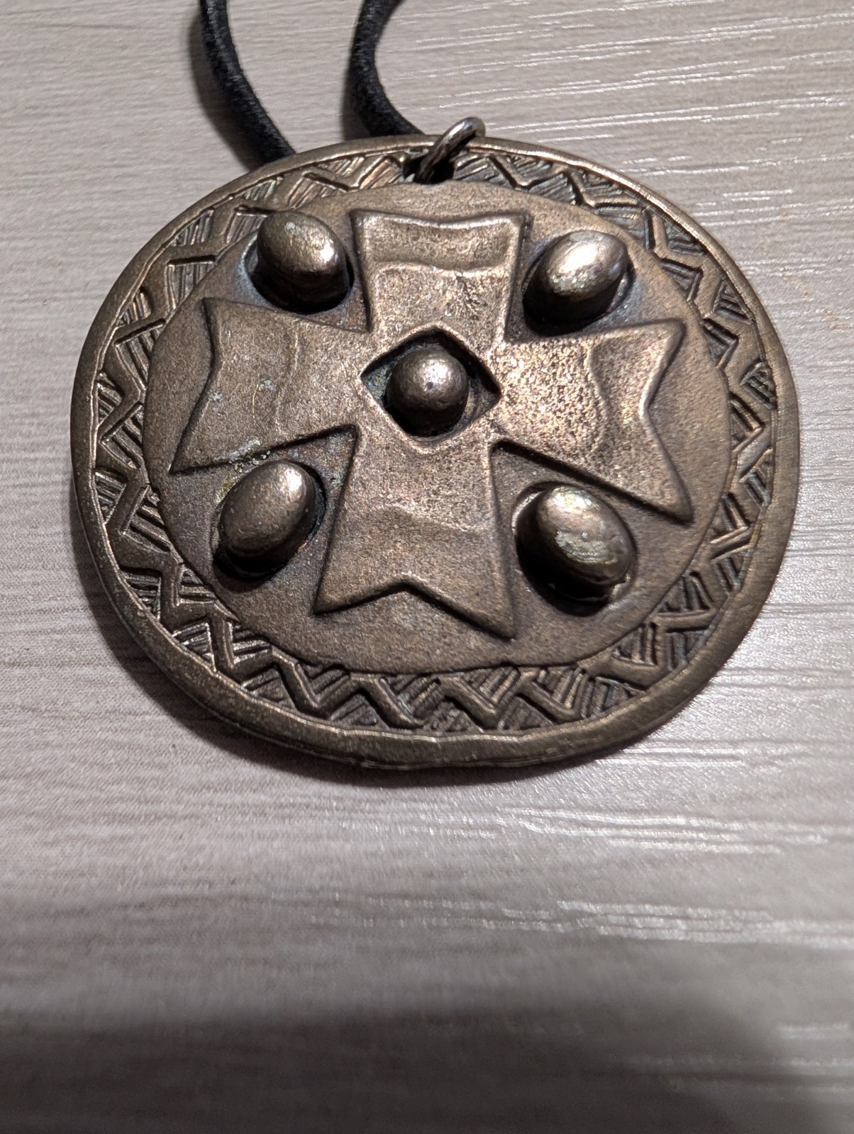 Artisan Tribal Pewter Pendant Necklace Leather Cord Southwestern Boho Unisex NWT