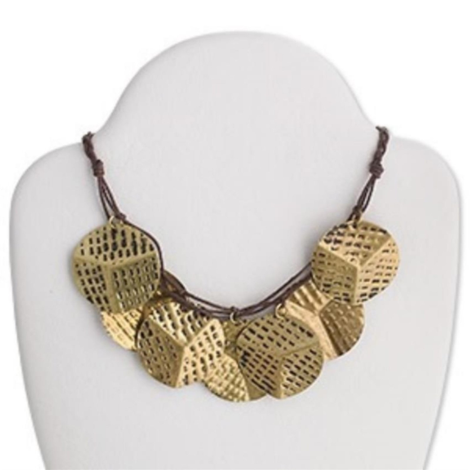 Hammered Bronze Antique Brass Lightweight Pendants Organic Cotton Cord Necklace