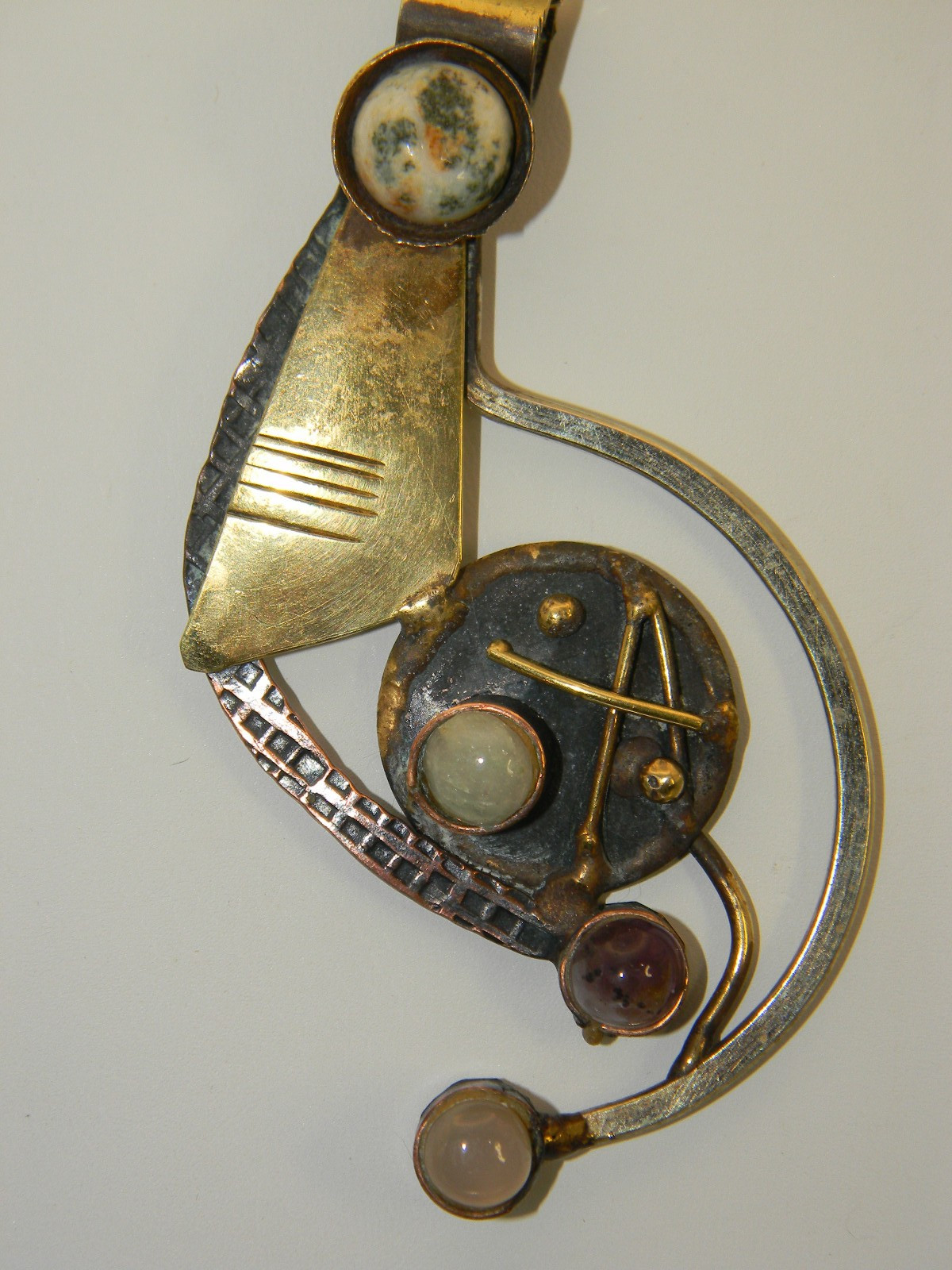 Large Brass, Copper and Quartz Modernist Design Pendant on 925 Chain Necklace