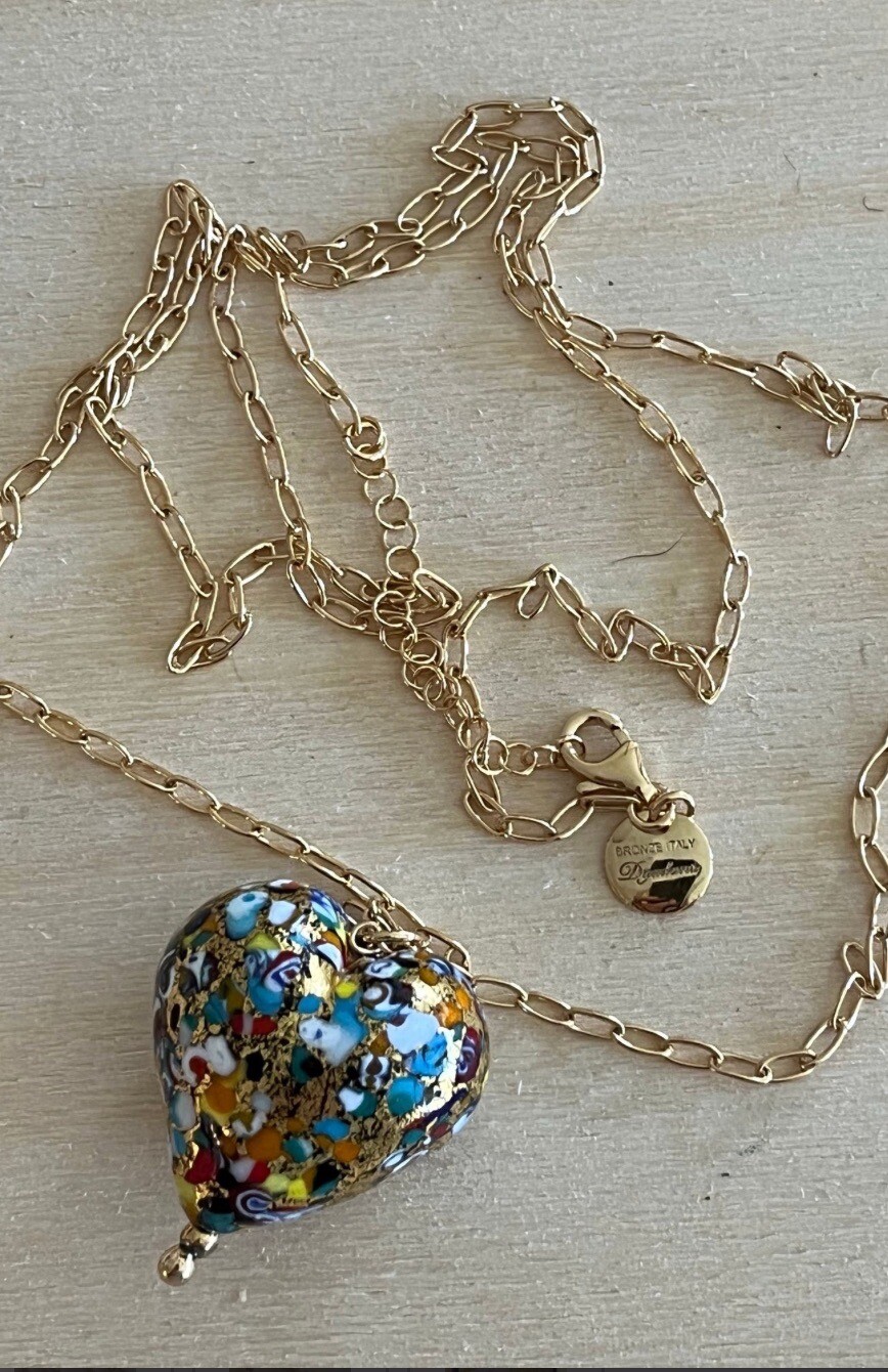 Handcrafted Dyadema Murano Venetian Glass Bronze Gold Foil Heart Necklace