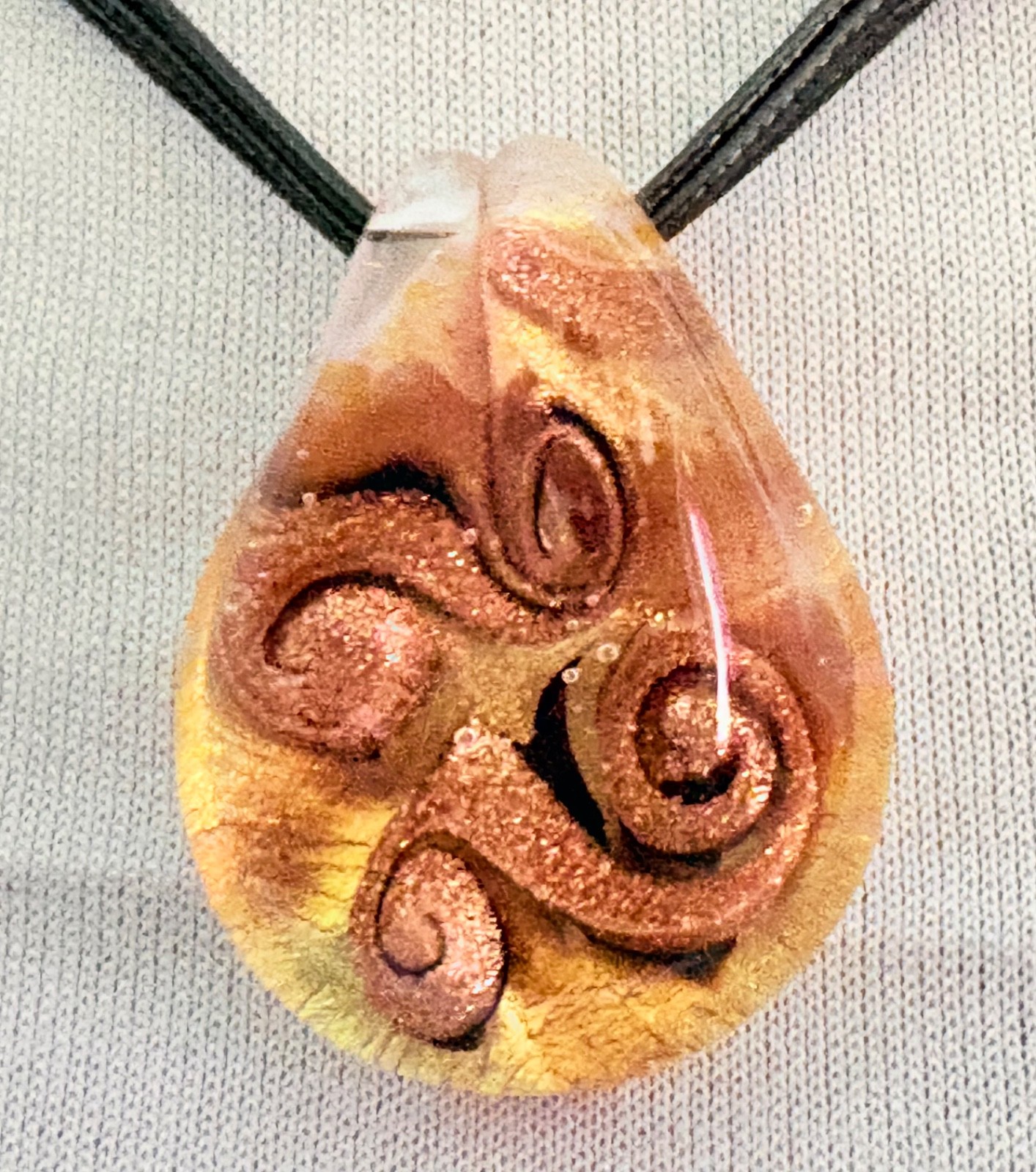 Copper Gold Murano Glass Pendant on Black Cord, Necklace ~Adventurine fr. Italy