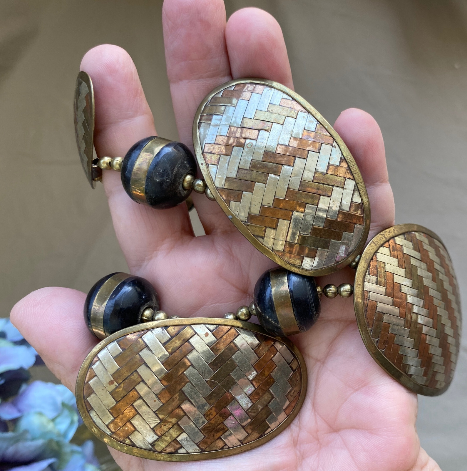 Vintage Boho/Tribal Hand Woven Wrought Brass & Copper Necklace 24″ Long
