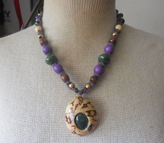 Bloodstone Tagua Adjustable Hemp Necklace Jewelry Jade Stone Beads Bohemian OOAK