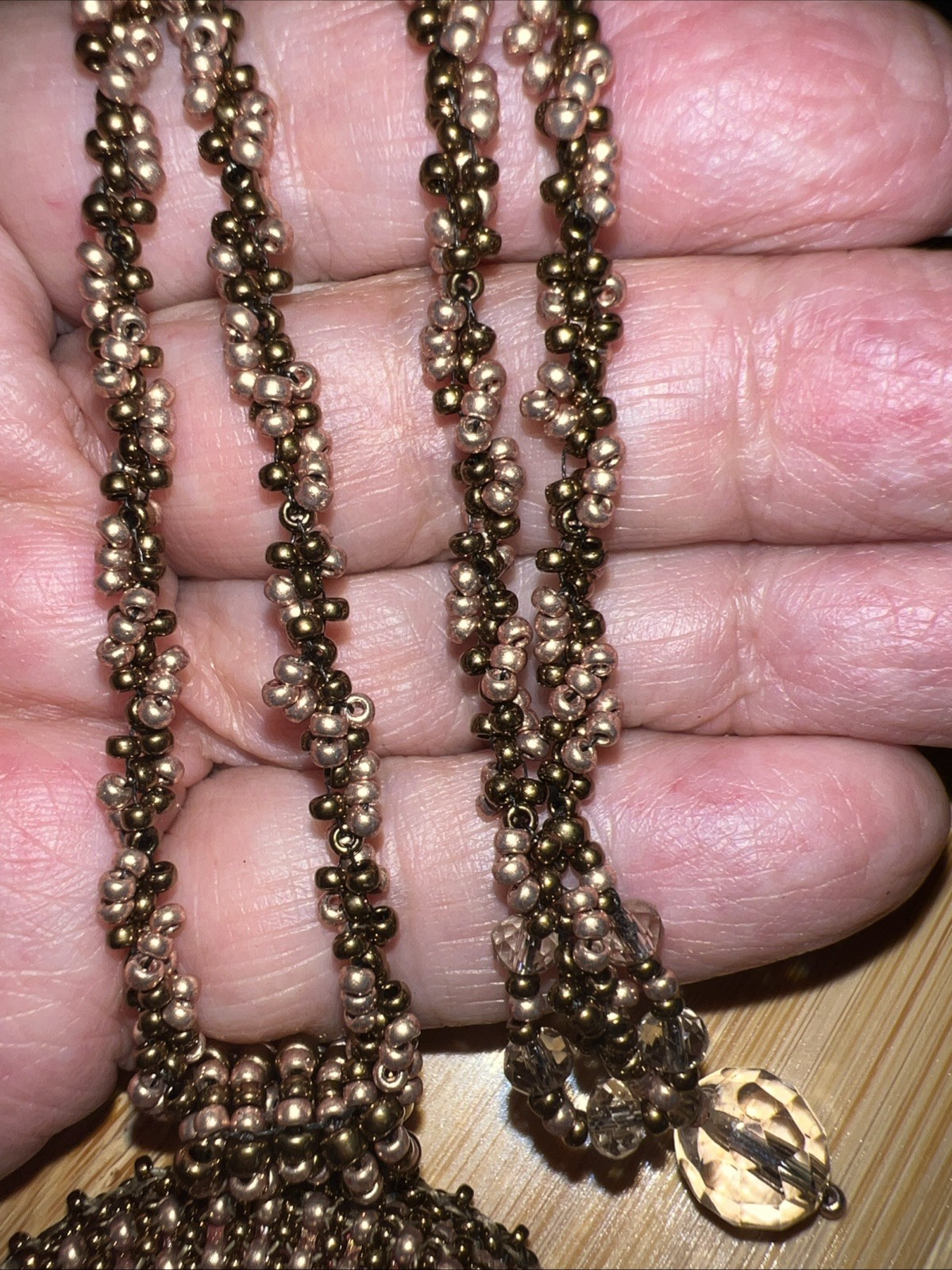 Handmade Bead Embroidery Pendant With Gold & Bronze Bead Woven Necklace