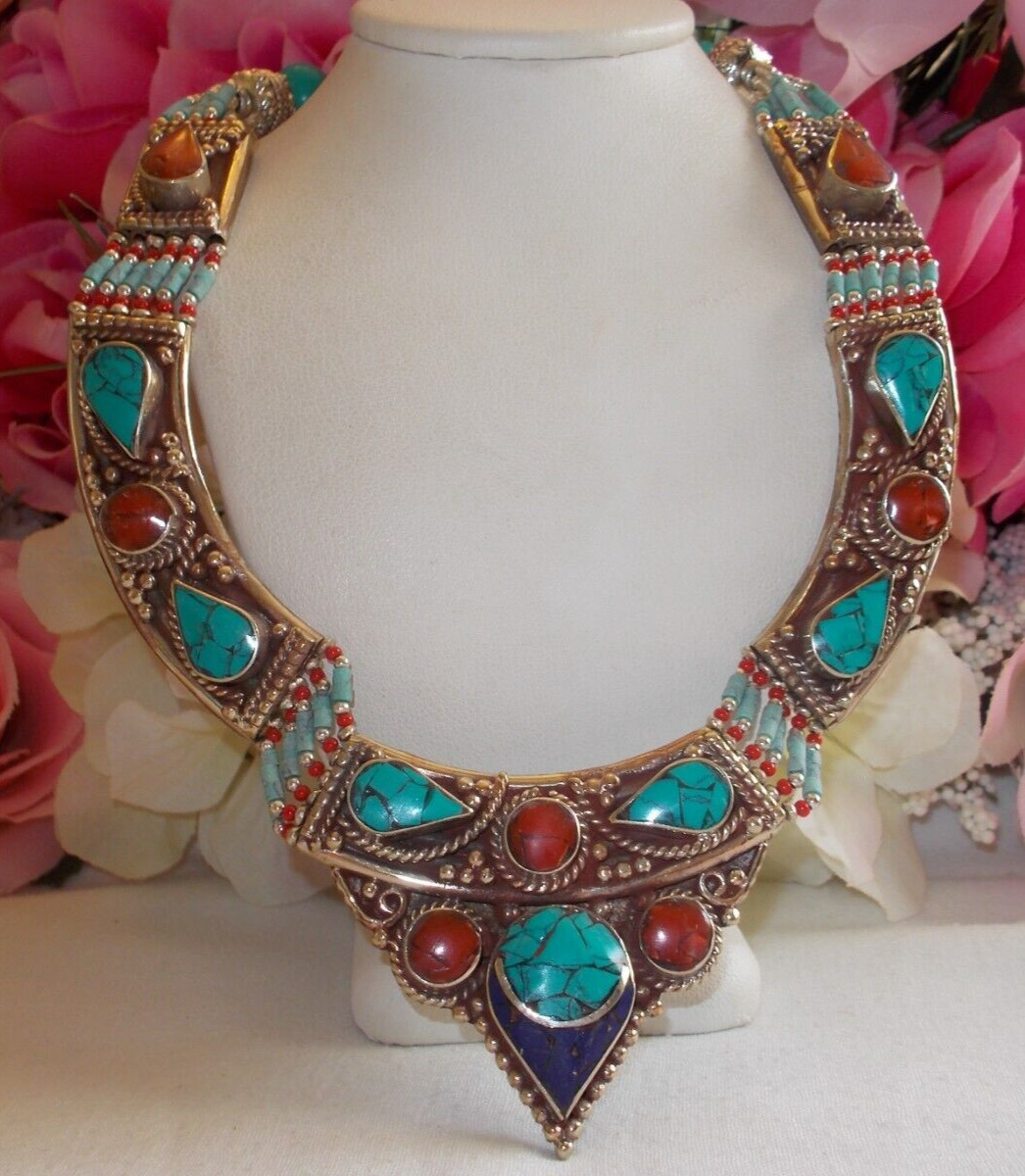 Tibetan Turquoise, Coral And Lapis Gemstone Handmade 925 SS Necklace-20 inch