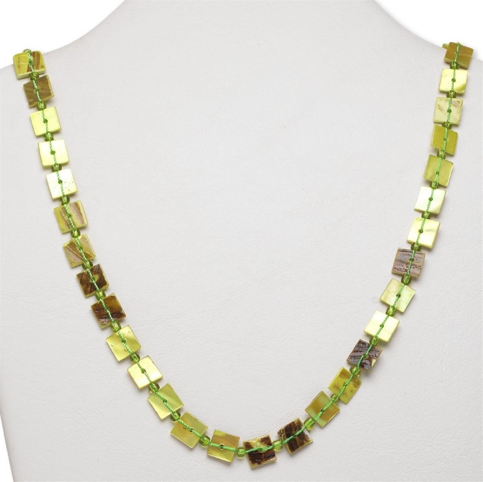 Handcrafted Shades of Green Pearl Shell Square Beads 34″ Long Necklace