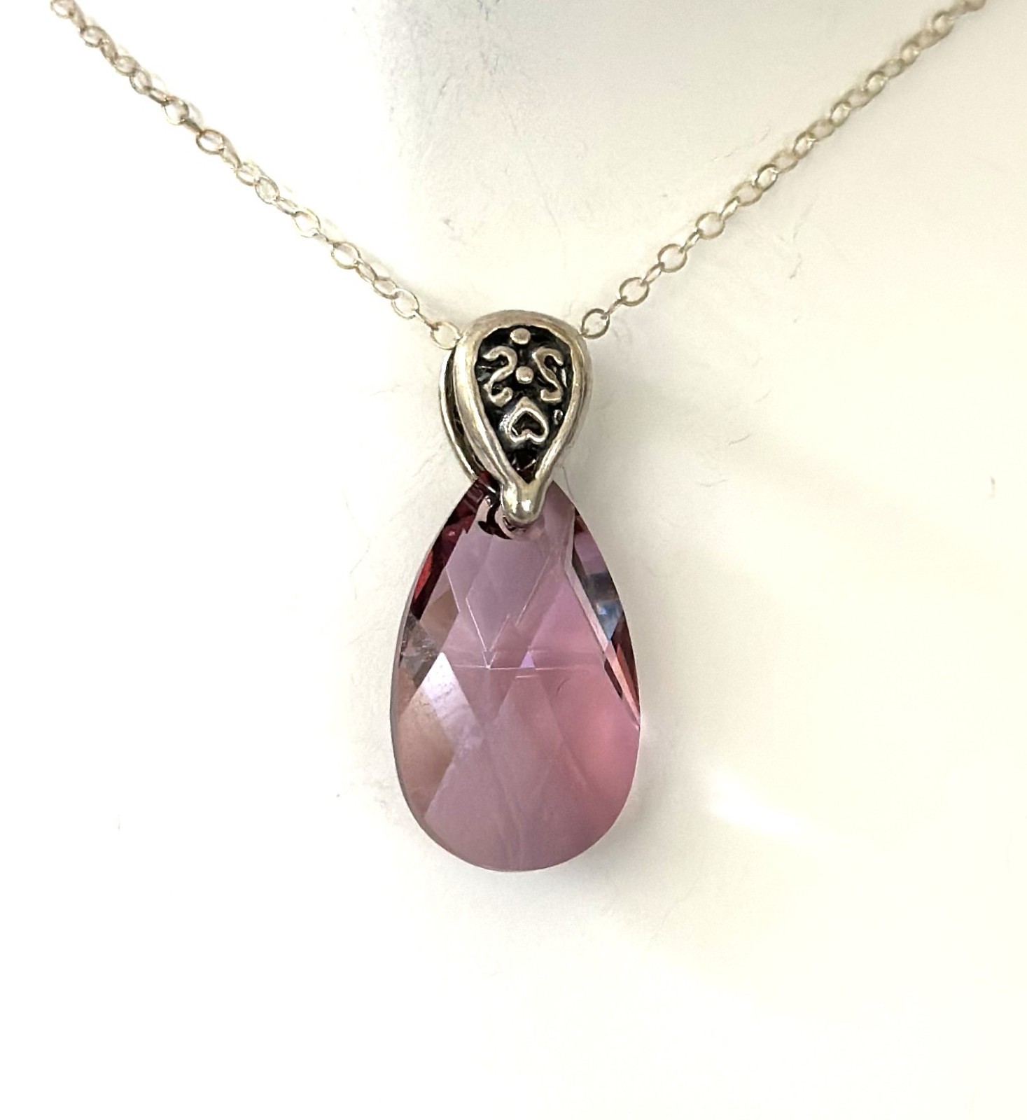Sterling Silver SWAROVSKI Rose Pink Tear Drop Crystal Elements Pendant Necklace
