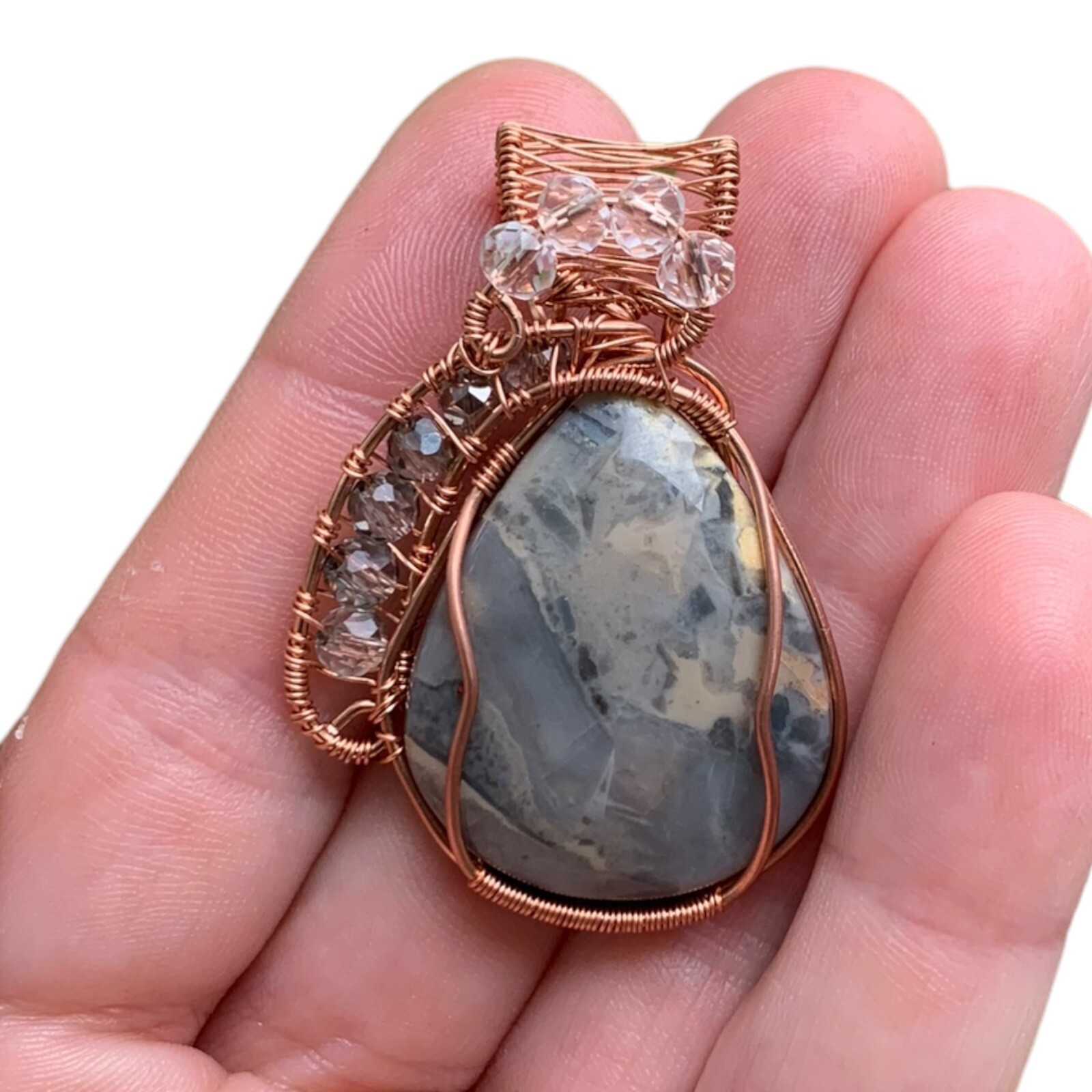 Picasso Jasper Copper Wire Wrap Pendant with Clear & Smoky Quartz Jewelry