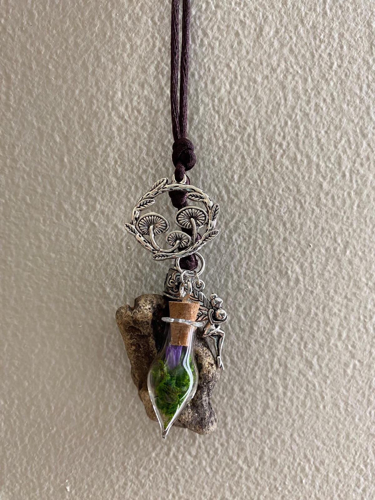 Hag Stone Faerie Mushroom Necklace Vial Moss Purple Flower Protection Talisman