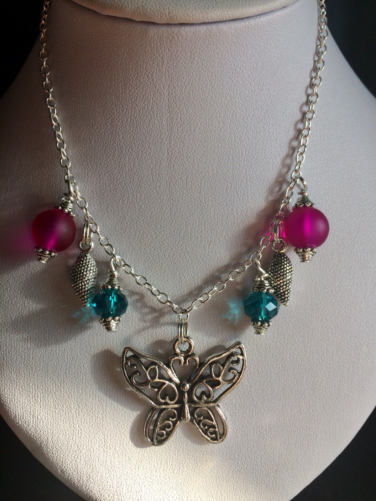 Butterfly Necklace With Frosted Glass ,Crystal Beads And Tibetan Silver Charms