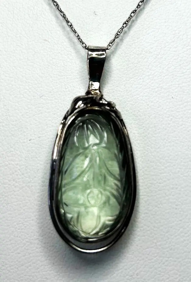 Natural Carved and Faceted Prasiolite, Sterl.Silver Handmade Pendant. Free Chain
