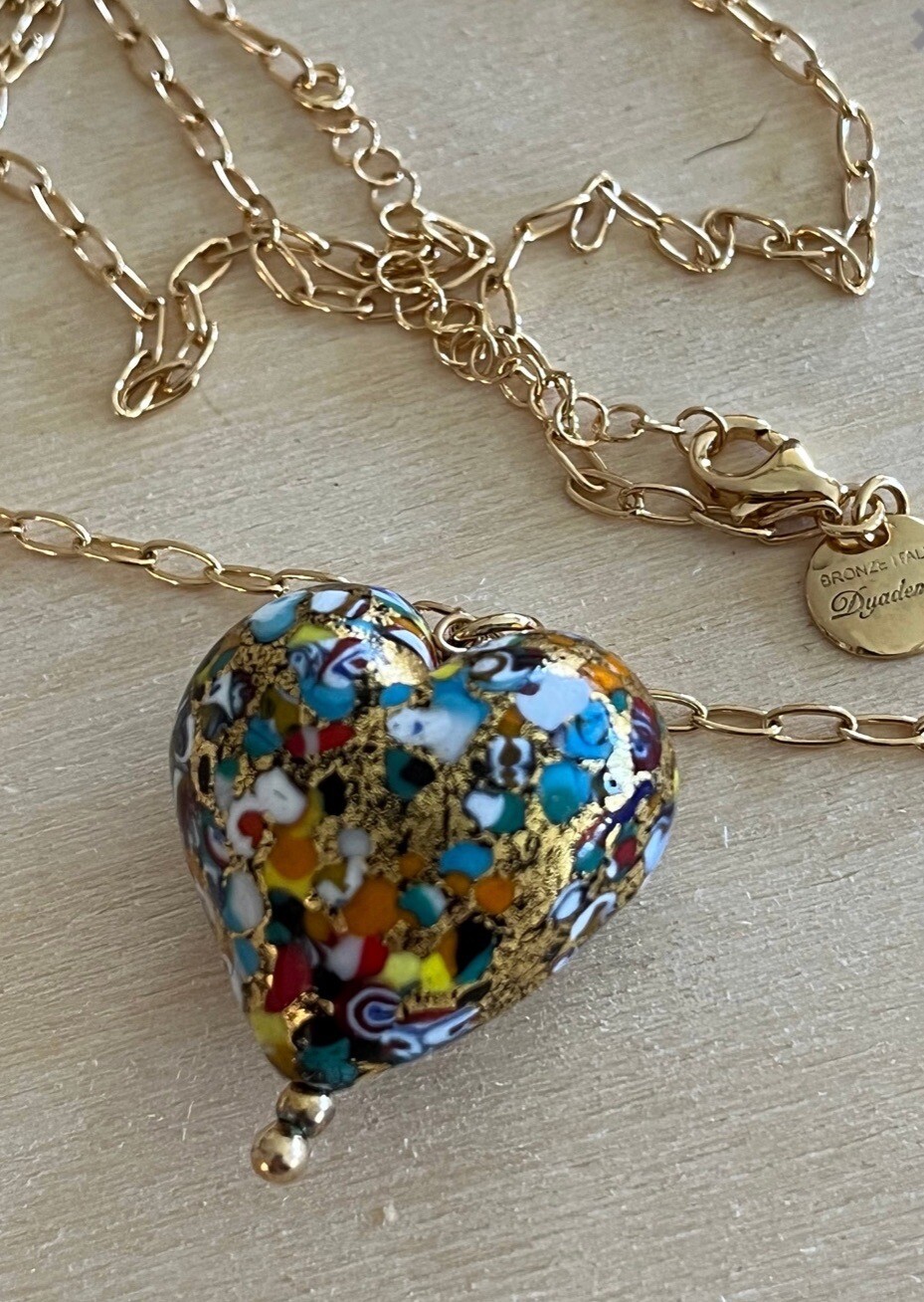 Handcrafted Dyadema Murano Venetian Glass Bronze Gold Foil Heart Necklace