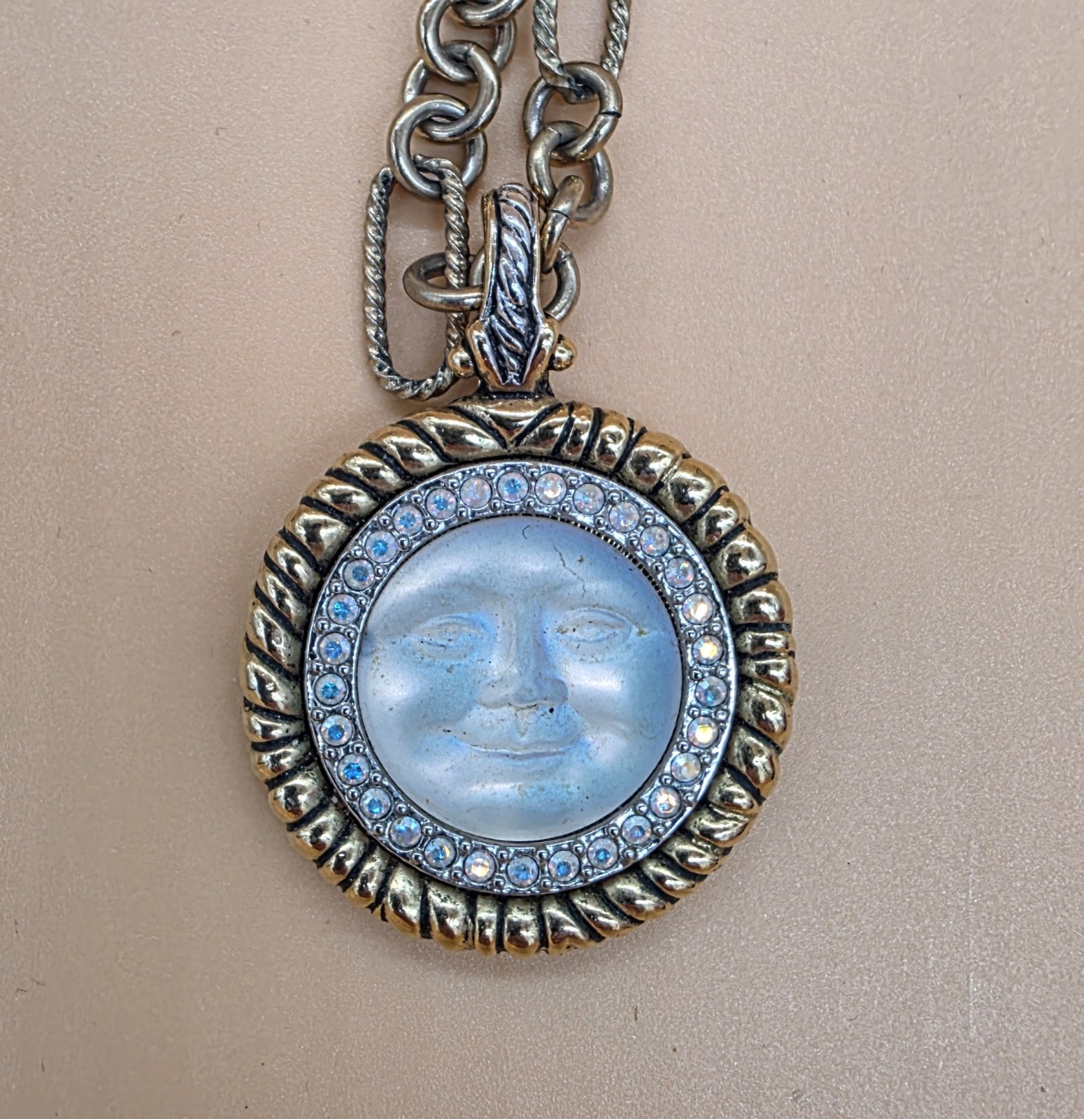 Kirk’s Folly Crystal & Gold Tone Smiling Moon face Pendant With Chain