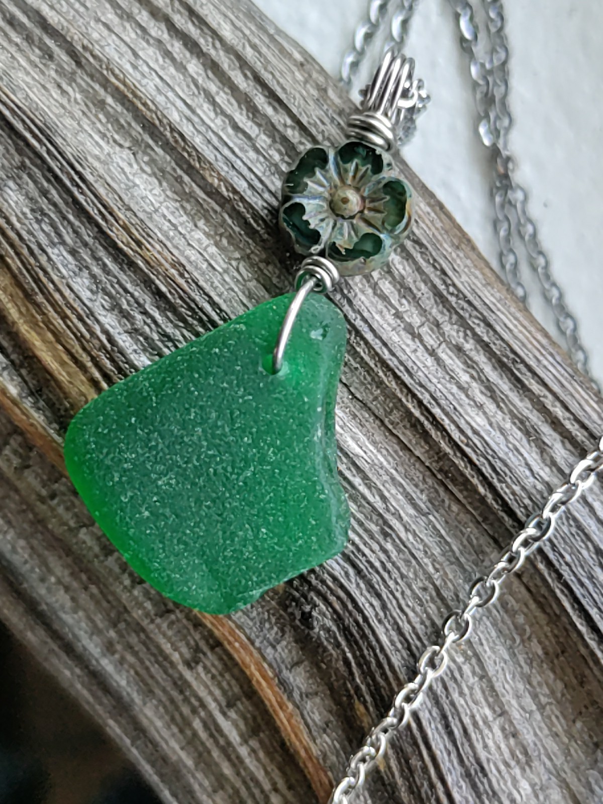 Rare Green Sea Glass & Flower Necklace Surf Hawaii Beach Mothers Day Gift