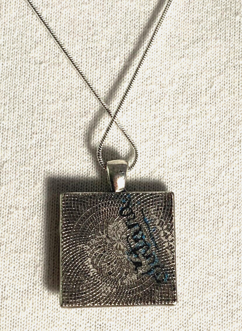 Handcrafted Art Resin Pendant, Aquamarine Stone Crystals, Silver Plated Chain