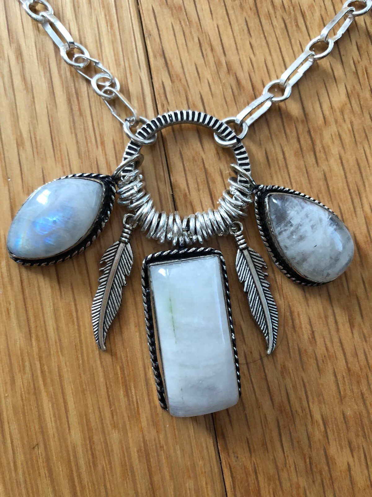 White Rainbow Moonstone Feather Charms Pendants 17”-18” Necklace Beautiful