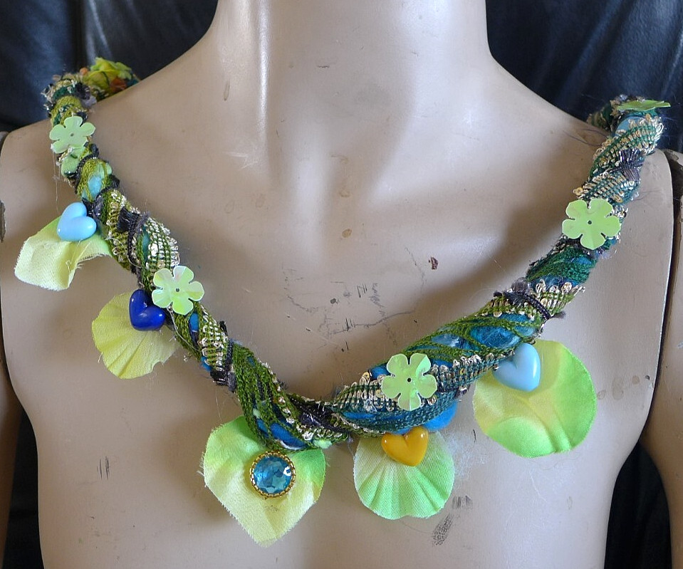 Handmade Fabric Necklace Fiber Art And Beads Direc From Artist One Of A Kind