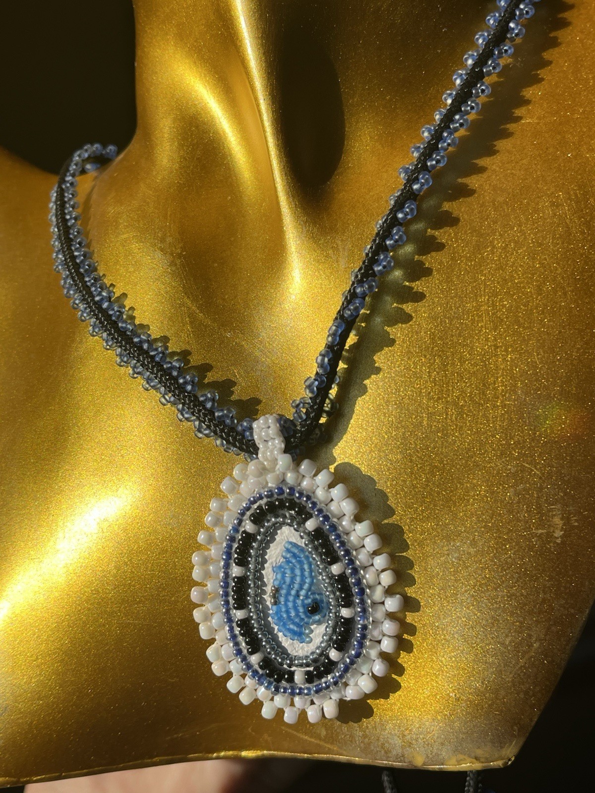 Artisan Beaded Leather Oval Pendant on Beaded Necklace String, Ocean Blue