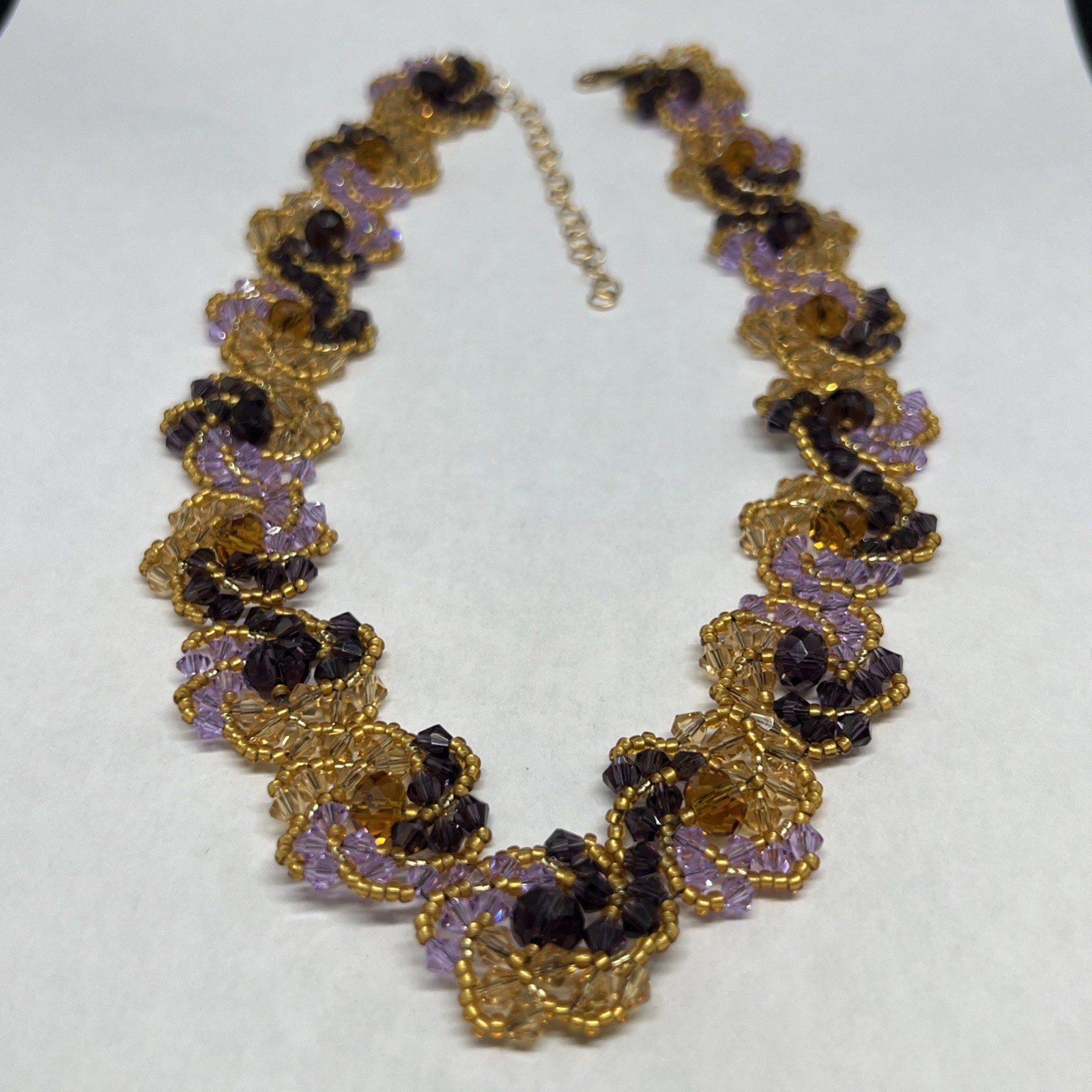 Handmade Purple Orange Beaded Seed Bead 18”-20” Necklace 14KGF Clasp