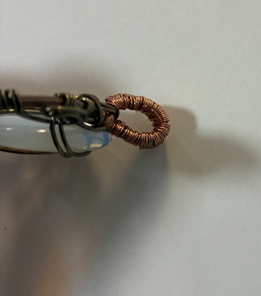 Handmade Wire Wrapped Opalite Crescent Moon Pendant Bronze Copper Tone Boho