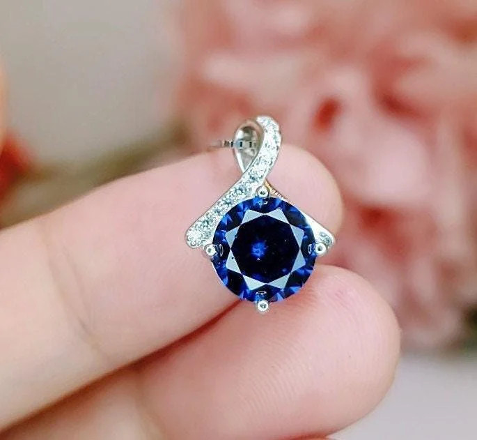 Tiny Blue Sapphire Necklace Gemstone 2CT Bowknot Blue Sapphire Pendant