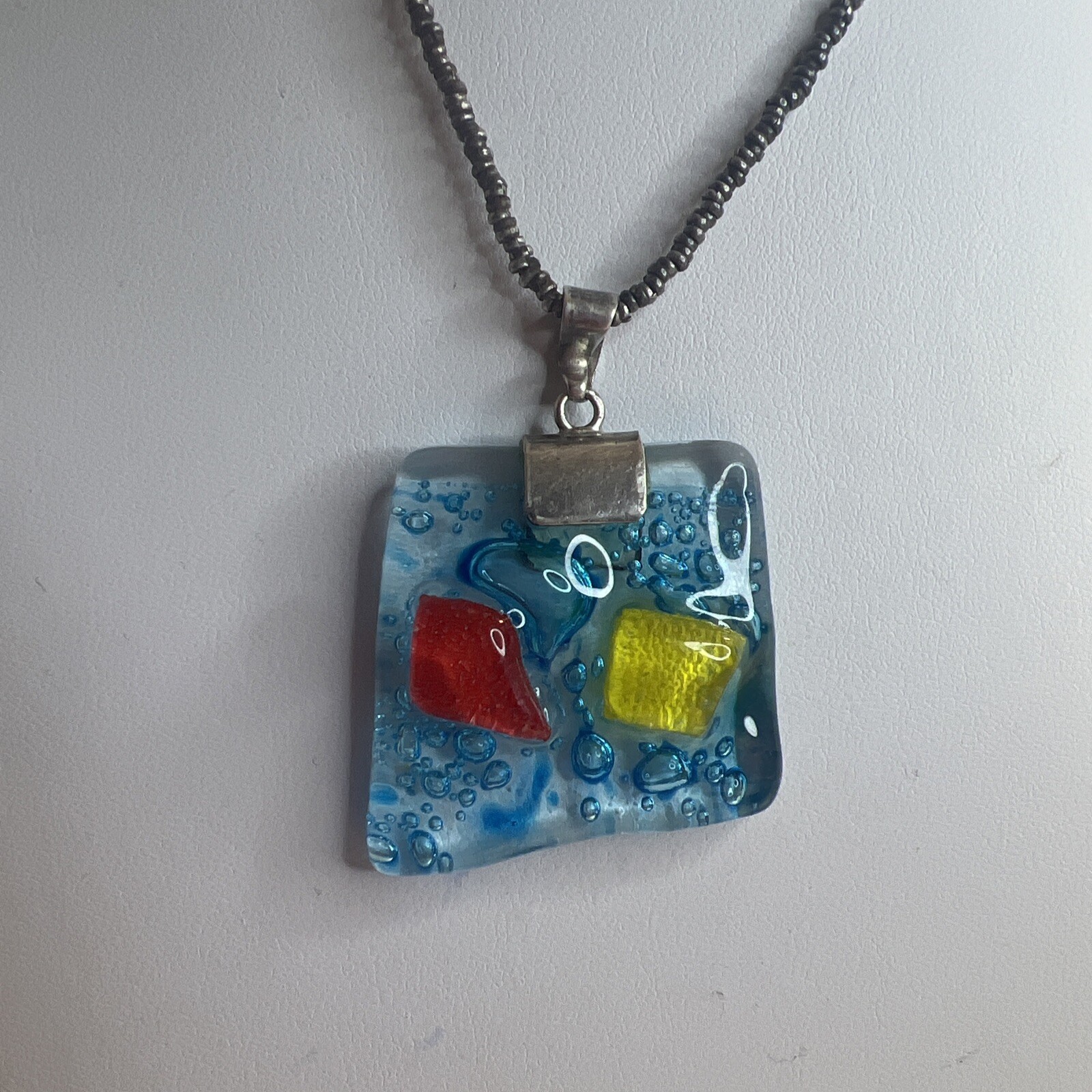 Handmade Red Yellow And Blue Dichroic Glass Necklace