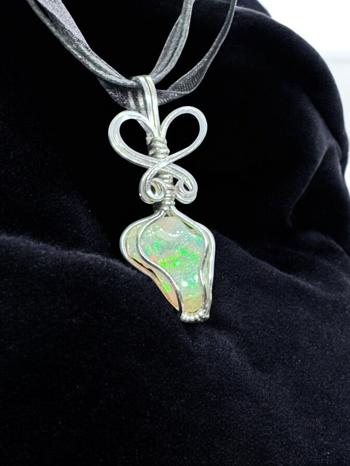 Ethopian Opal Pendant Yellow Orange Green Blue Wire Wrapped Silver Pendant