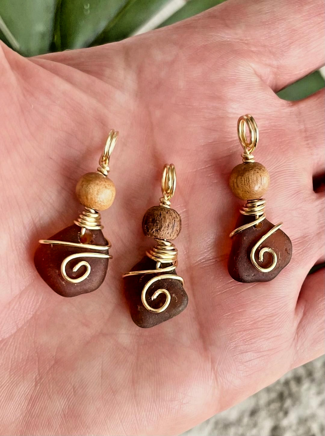 3 Amber Brown SEA GLASS Beach Glass Necklace Pendants! Gold Wire Wrapped, Beaded