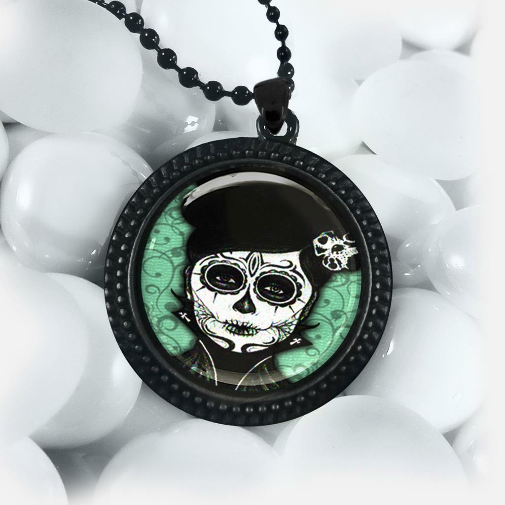 Victorian Sugar Skull Pendant Handmade Glass Artisan Necklace 24″