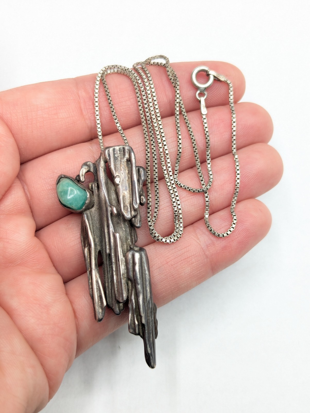 Sterling Silver Brutalist Abstract Green Natural Stone Pendant Chain Necklace