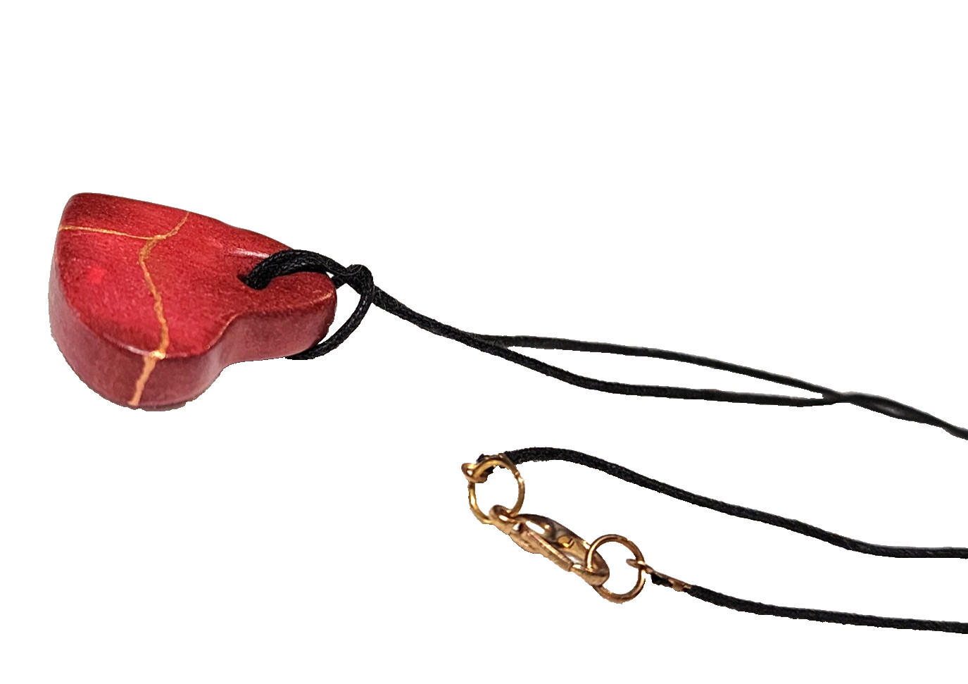 Wooden Red & Gold Painted Heart Pendant Necklace Artisan Handcrafted 19″ Black