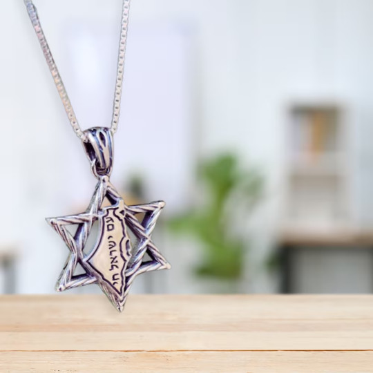 Star of David Map of Israel Jewish Necklace 925 Silver Am Yisrael Chai Jewelry