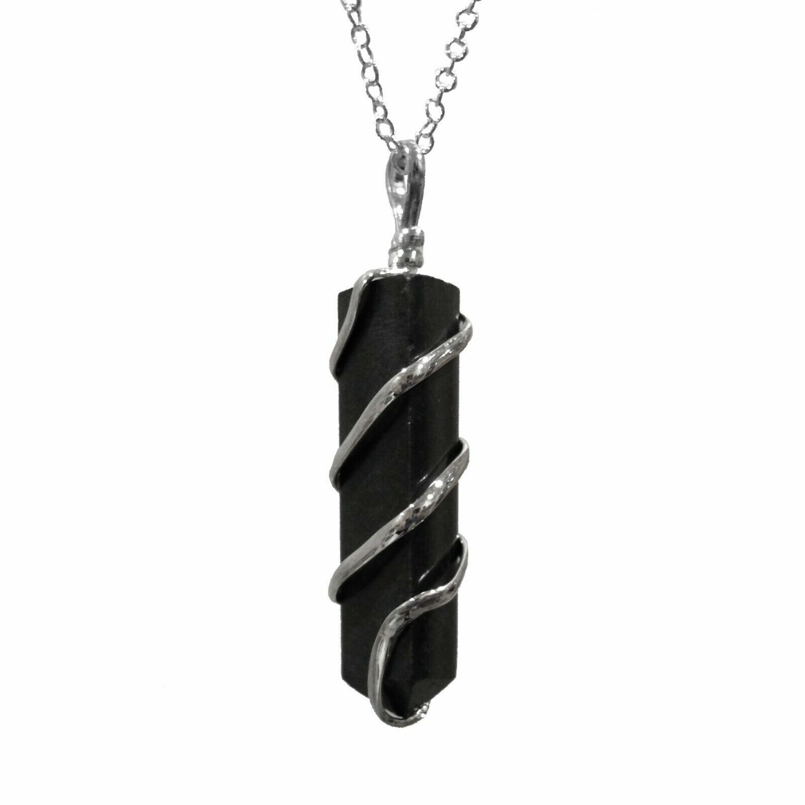 Black Tourmaline Spiral Wire Wrap Pendant Point Chakra Crystal Silver Necklace