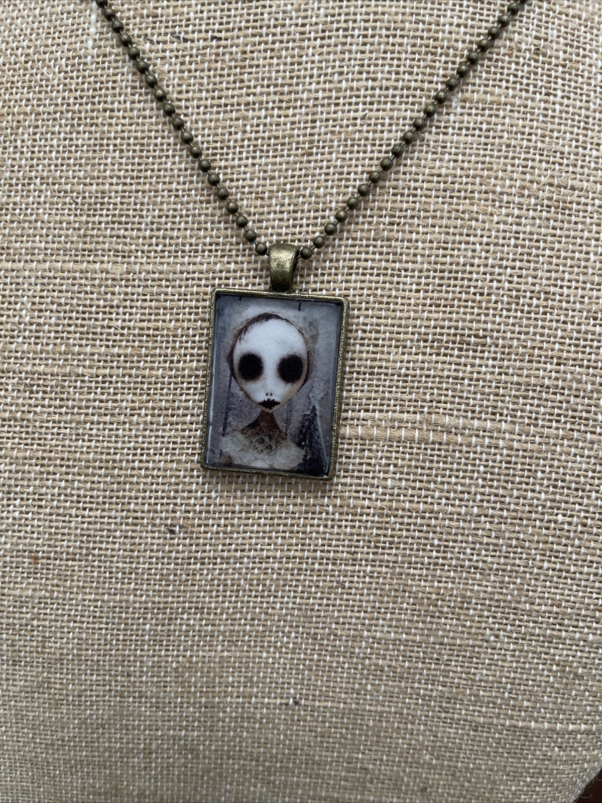 Spooky Bride/Women Handcrafted Resin Pendant. Antique Gold Tone Fun Jewelry 22”