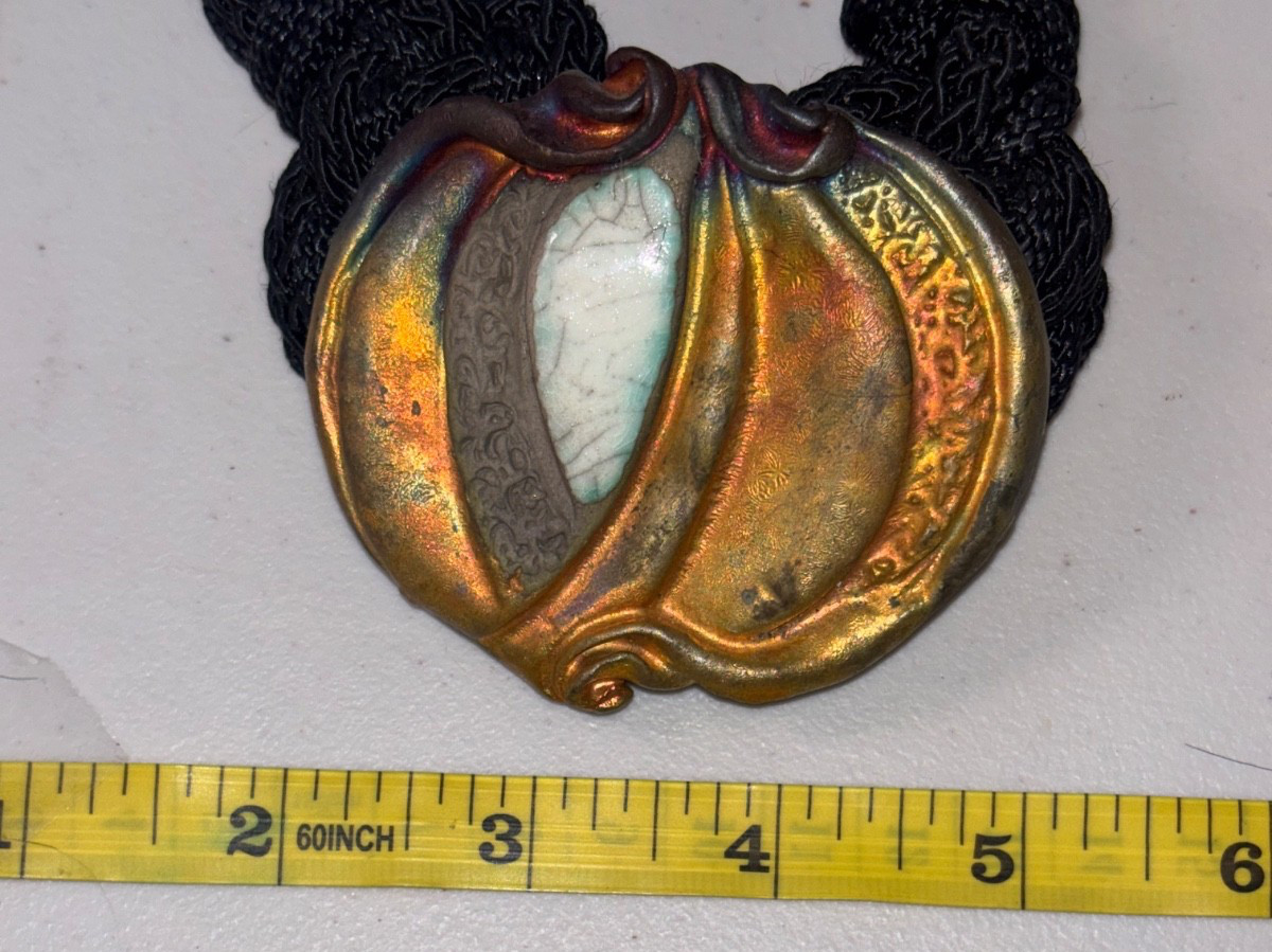 Statement Necklace Black Multi Strand Cord Art Pottery Pendant Raku Style