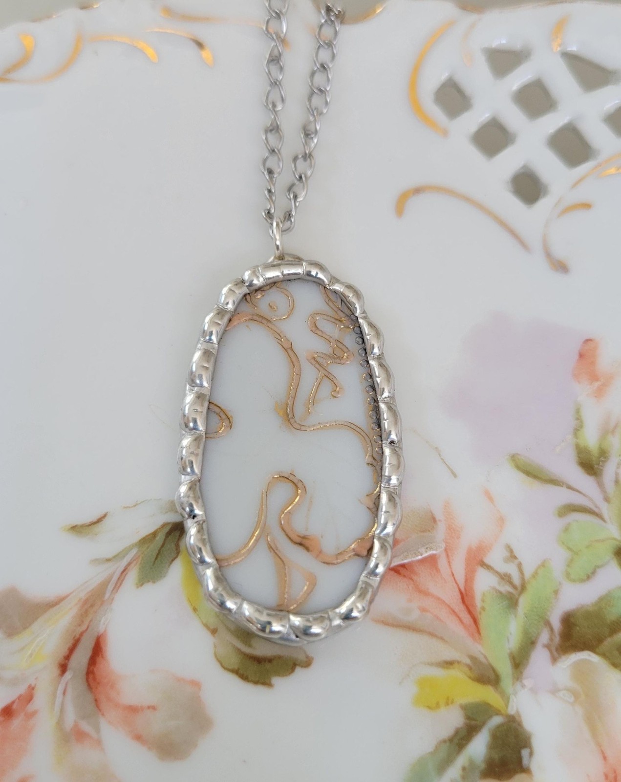 Antique Nippon Broken China Raised Gold Design Pendant Necklace